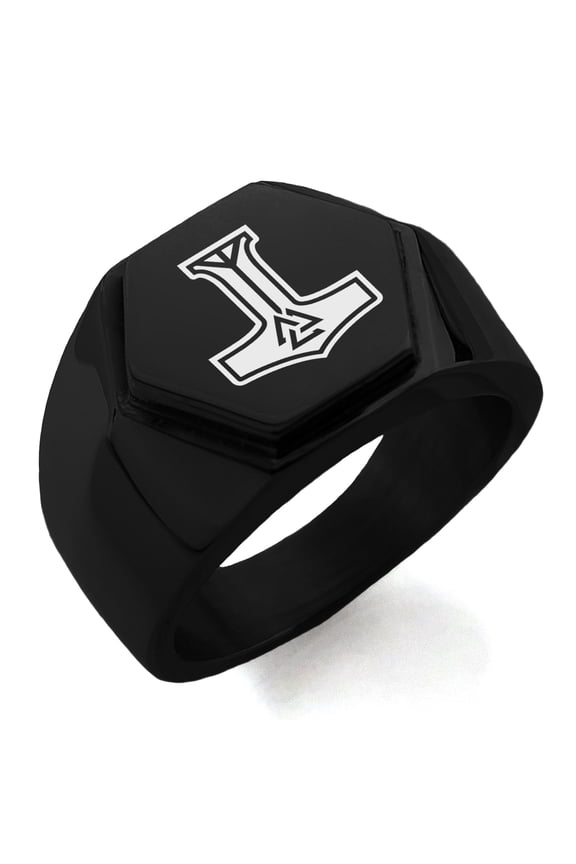 Stainless Steel Valknut Mjolnir Thor's Hammer Engraved Hexagon Crest Flat Top Biker Style Polished Ring