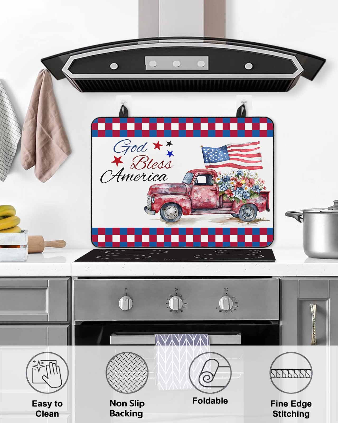 nqOlkjepod Large Induction Cooktop Protector Mat 24"x21", 4th of July Stove Top Covers for Electric Stove, Red Blue Plaid Truck Floral Star Decorative Stove Burner Cover Mats, Glass Top Stove Cover
