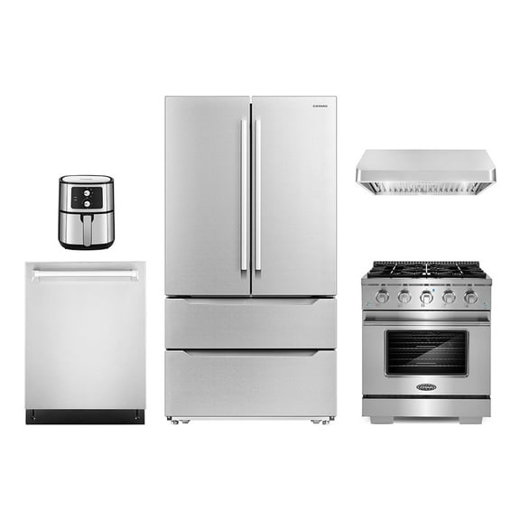 5 Piece Kitchen Package with 30" Freestanding Gas Range 30" Under Cabinet Range Hood 24" Built-in Fully Integrated Dishwasher French Door Refrigerator & 5.5L Electric Hot Air Fryer