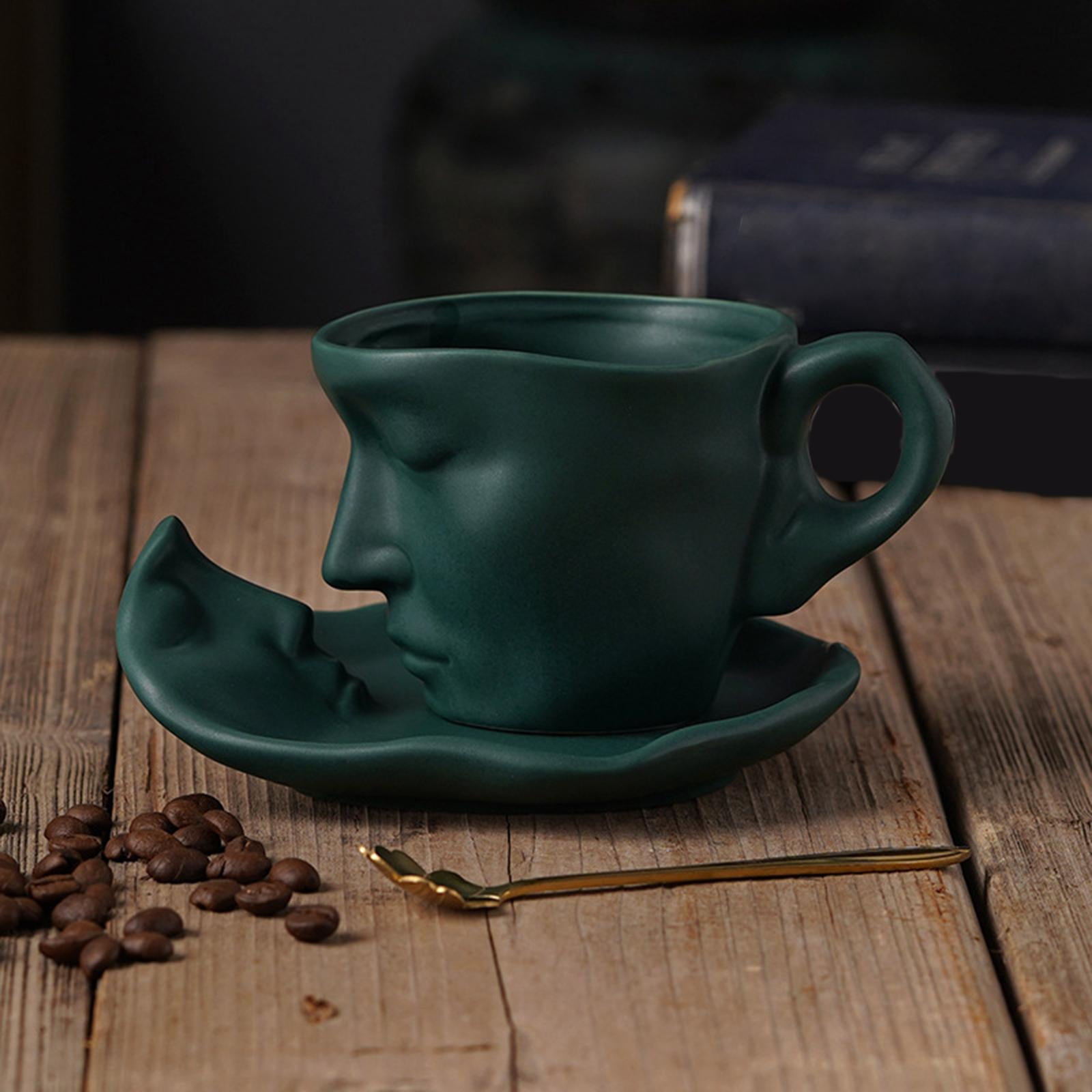 Fiocias 3D Human Face Kissing Mug with Spoons and Human Face Coaster Espresso Mugs 260ml Green
