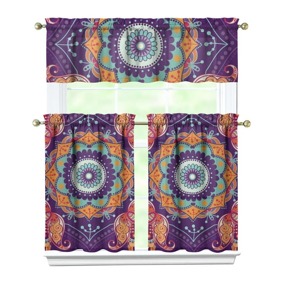Retro Paisley Floral Kitchen Curtains Set - 3 Piece Mandala Inspired Tier & Valance, Colorful Vibrant Window Panels, Easy Care Rod Pocket Design