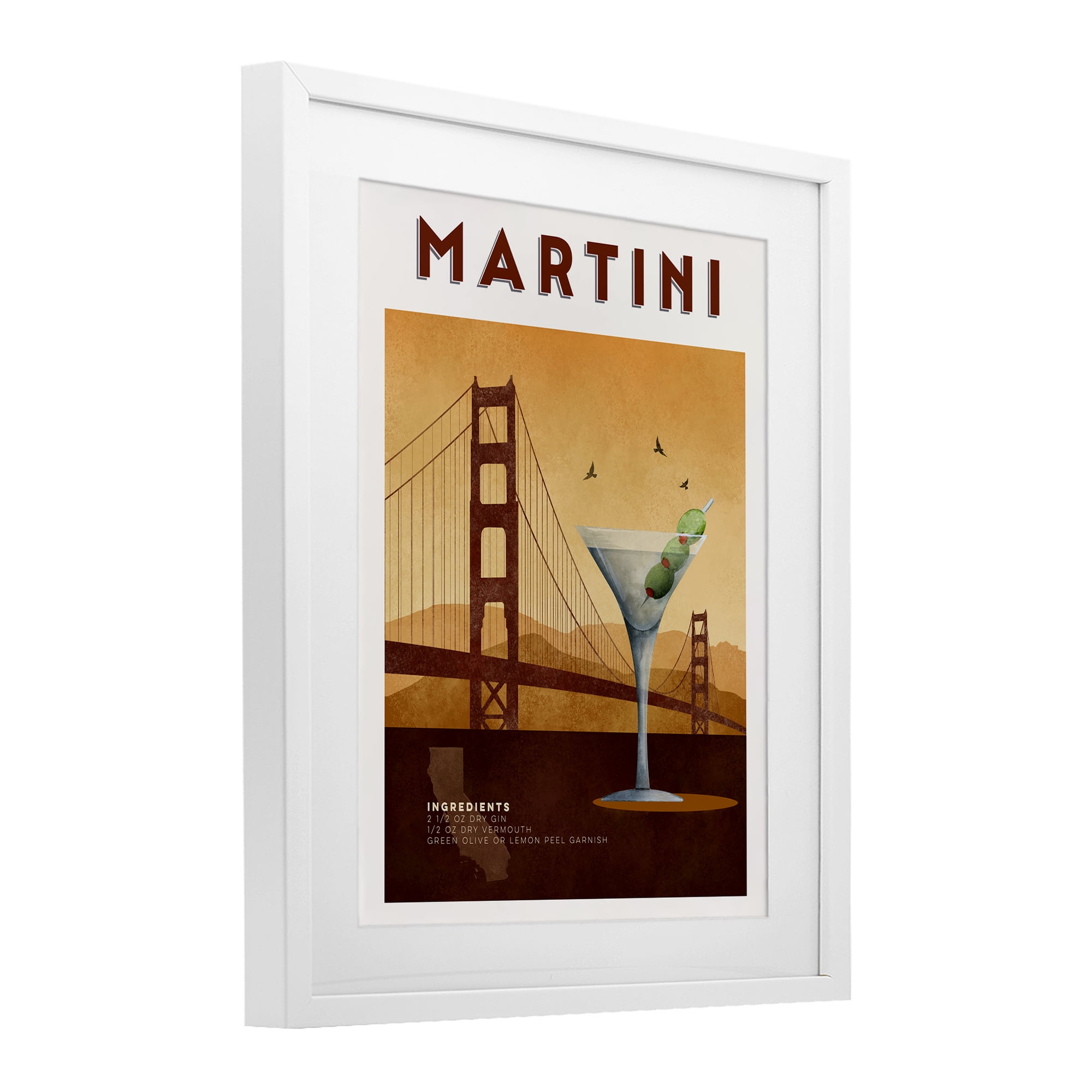 Retro Martini & Bridge View White Framed Print Under Glass, design by Brett Blumenthal
