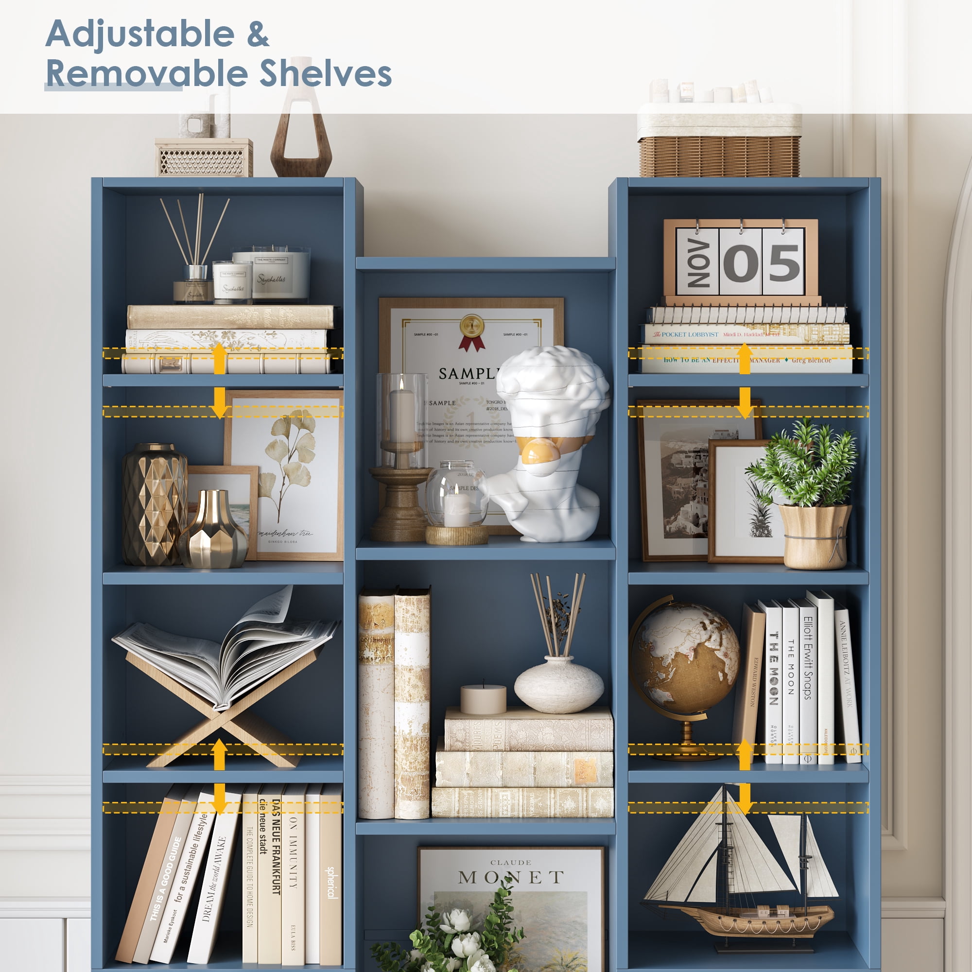 Homfa 2 Pieces Blue Bookshelves, 71’’ Tall Three Row Bookshelf with Adjustable Shelves, 21-Cubes CD Display Storage Organizer Shelf for Living Room Home Office