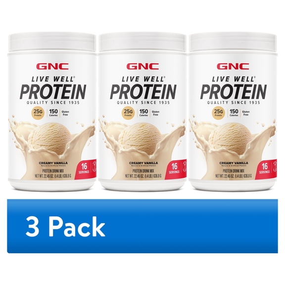 (3 pack) GNC Live Well Protein Powder, 25g Whey Protein, Creamy Vanilla, Gluten Free, No Sugar Added, 16 Servings