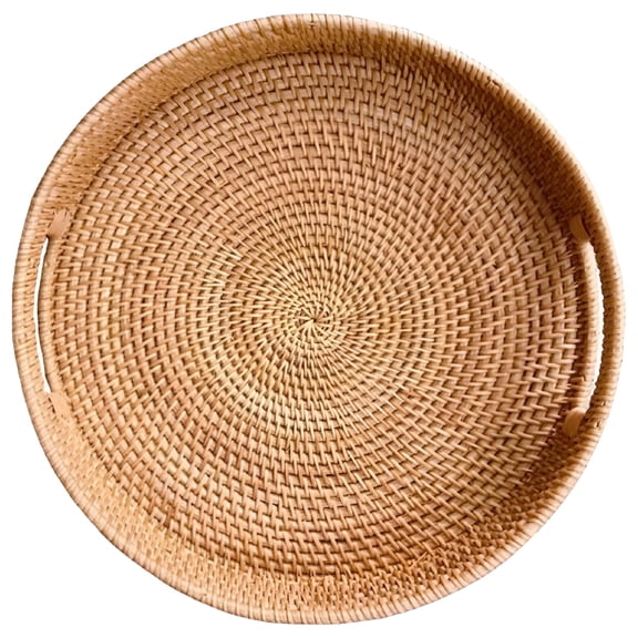 ACDANC Rattan Serving Tray Woven Round Fruits Basket Decorative Rustic Table Tray with Handles