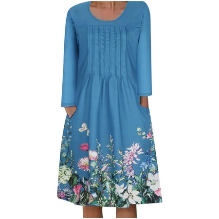 

Sweater Dresses for Women 2022 White Corset Dress Fashion Women Autumn Printing Causal Round Neck Long Sleeve Vacation Pockets Dress Formal Dresses for Women Blue XXL