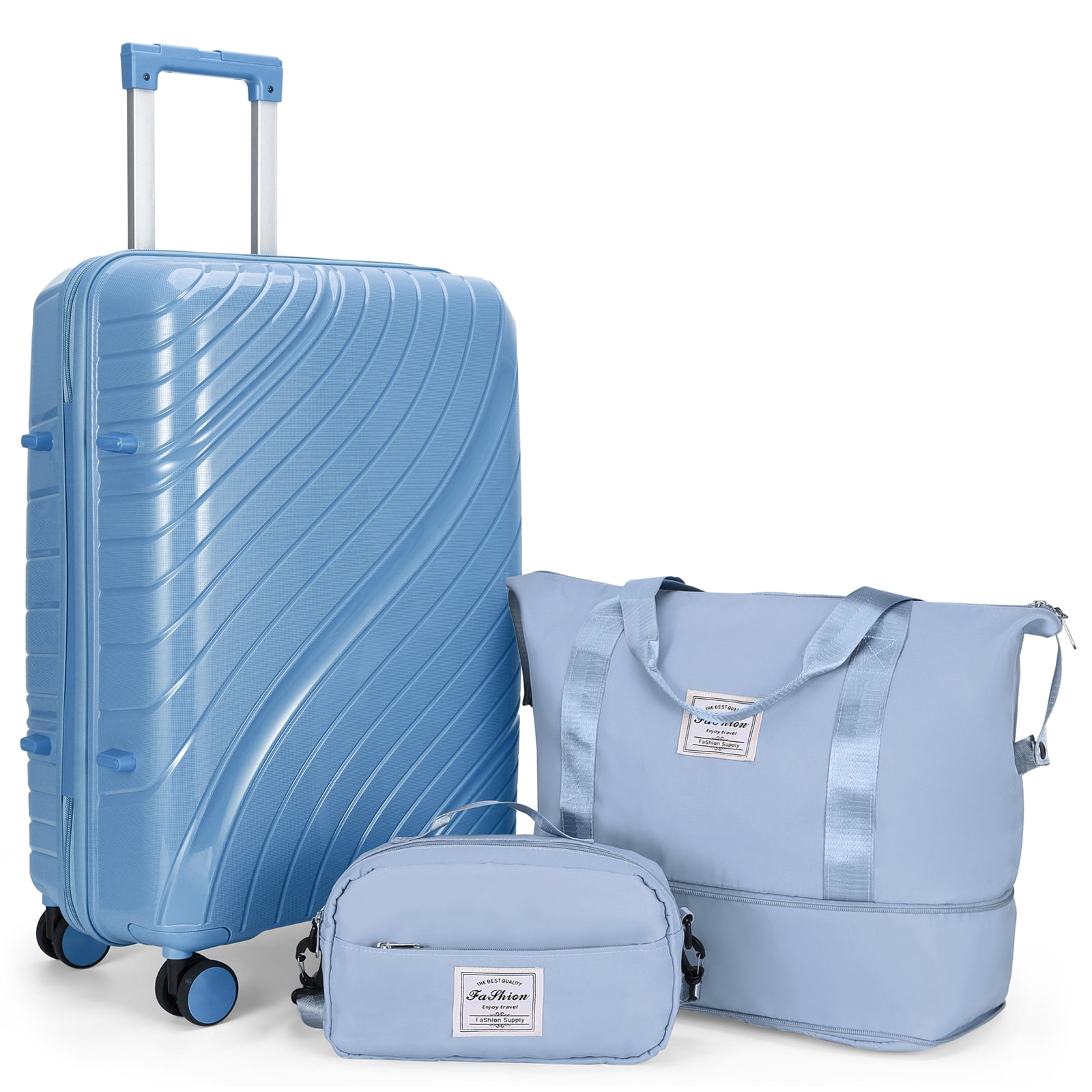 Zimtown 3 Piece Carry-on Luggage Sets, PP Hardside Suitcase Set with Spinner Wheels, Portable Travel Bag and Toiletry Bag, Blue
