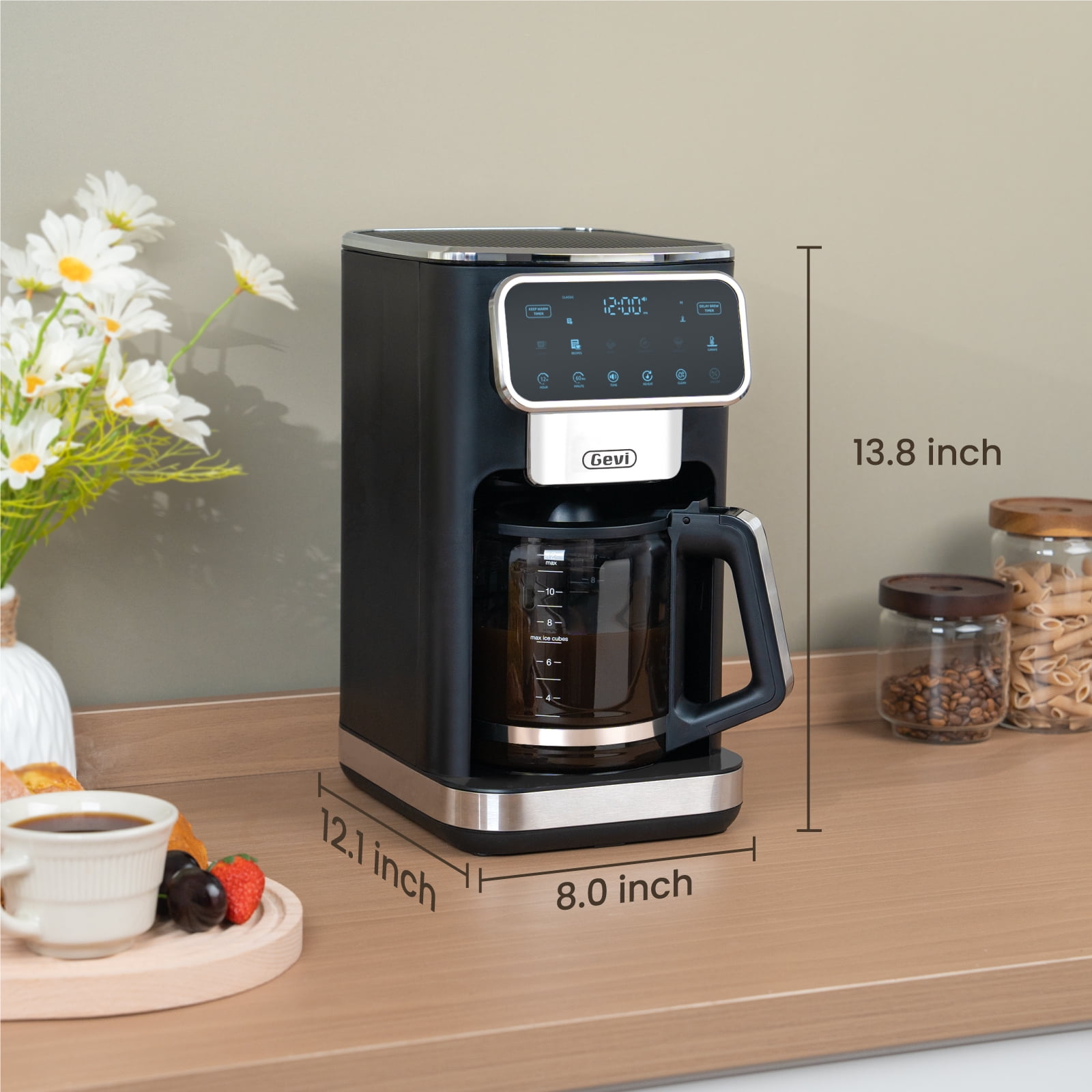 Gevi 12-Cup Programmable Drip Coffee Maker, Touch Screen Control, Auto Shut-Off, Iced Coffee Function, Anti-Drip System - Perfect for Home & Office