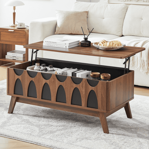 LEFHDA Lift Top Coffee Table with Hidden Compartment Black Geometric Pattern Design Coffee Tables Small Rectangle End Table for Living Room Accent Furniture