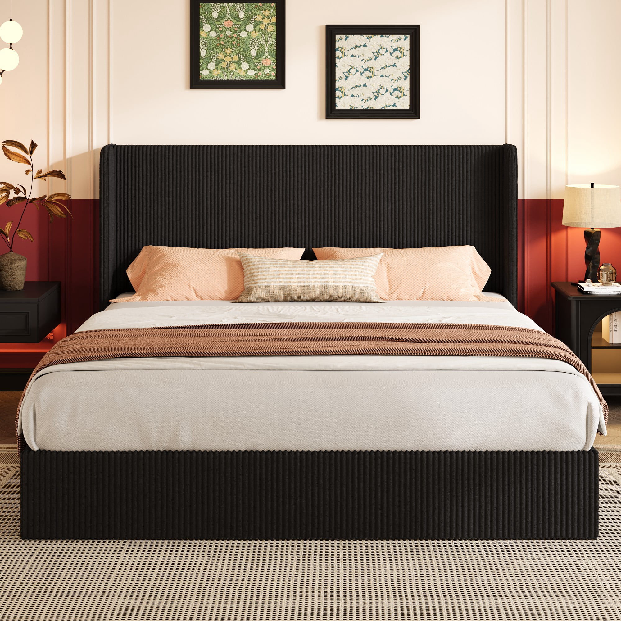 Einfach King Size Hydraulic Lift Up Storage Bed Frame, Corduroy Upholstered Wingback Headboard, Ample Under-bed Storage, Black