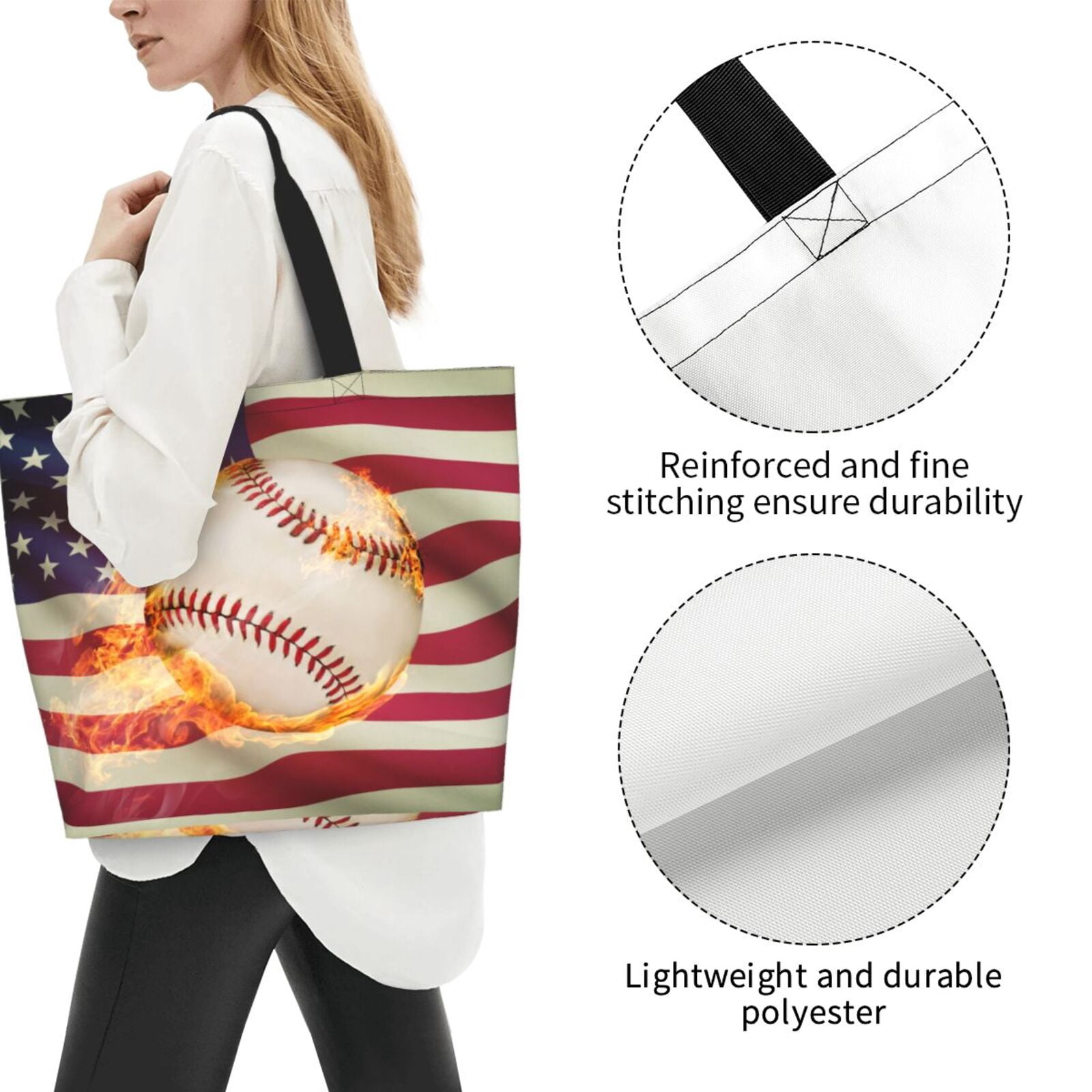 Naloa Baseball Ball With Flag Tote Bag for Women Large Capacity Shoulder Bag for College Work Travel Shopping