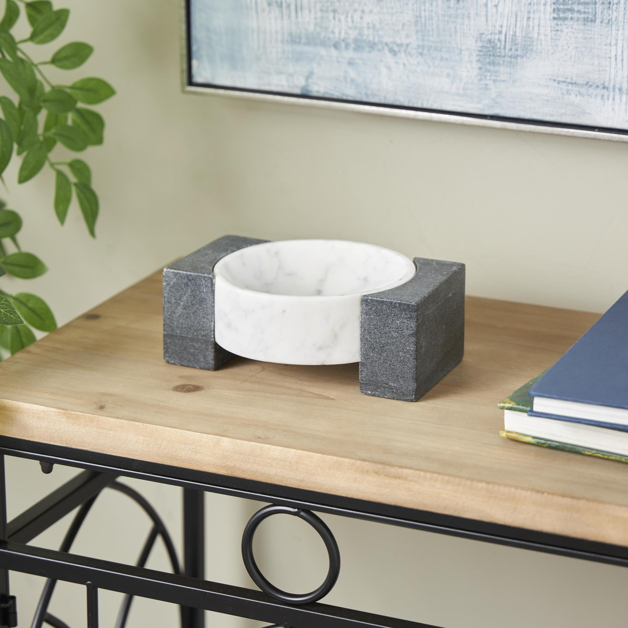 DecMode 8" x 6" White Marble Round Geometric Tray with Black Rectangular Blocks, 1-Piece