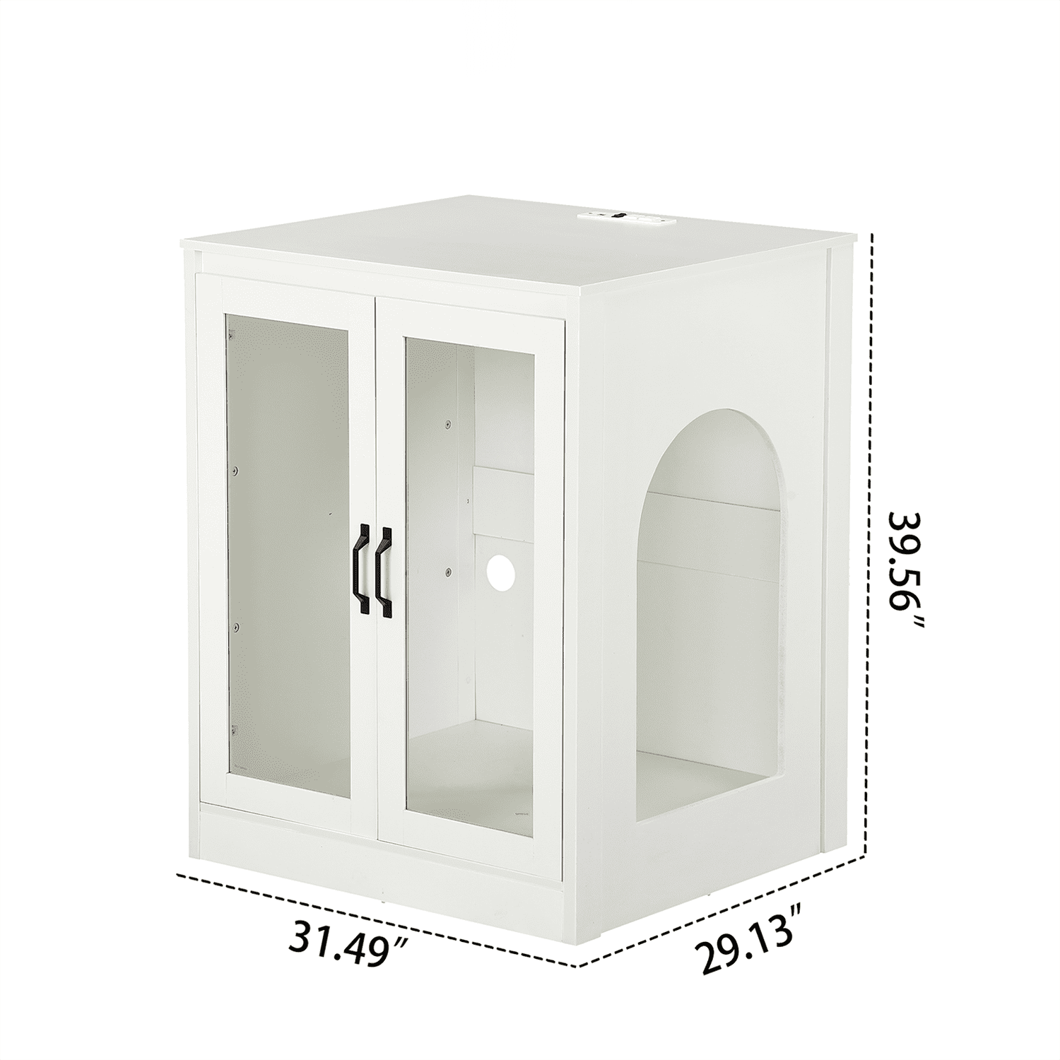 Cat Litter Enclosure with Cat-Viewing Glass Doors, Litter Cabinet with Power Outlet and Cozy LED Lights, Reversible and Optional Entry, White