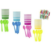 Ice Cream Sundae Kit - Yellow Blue Pink Green - Paper Dessert Cups - Plastic Spoons - Paper Umbrellas - Birthday Party Goods - 24 Each