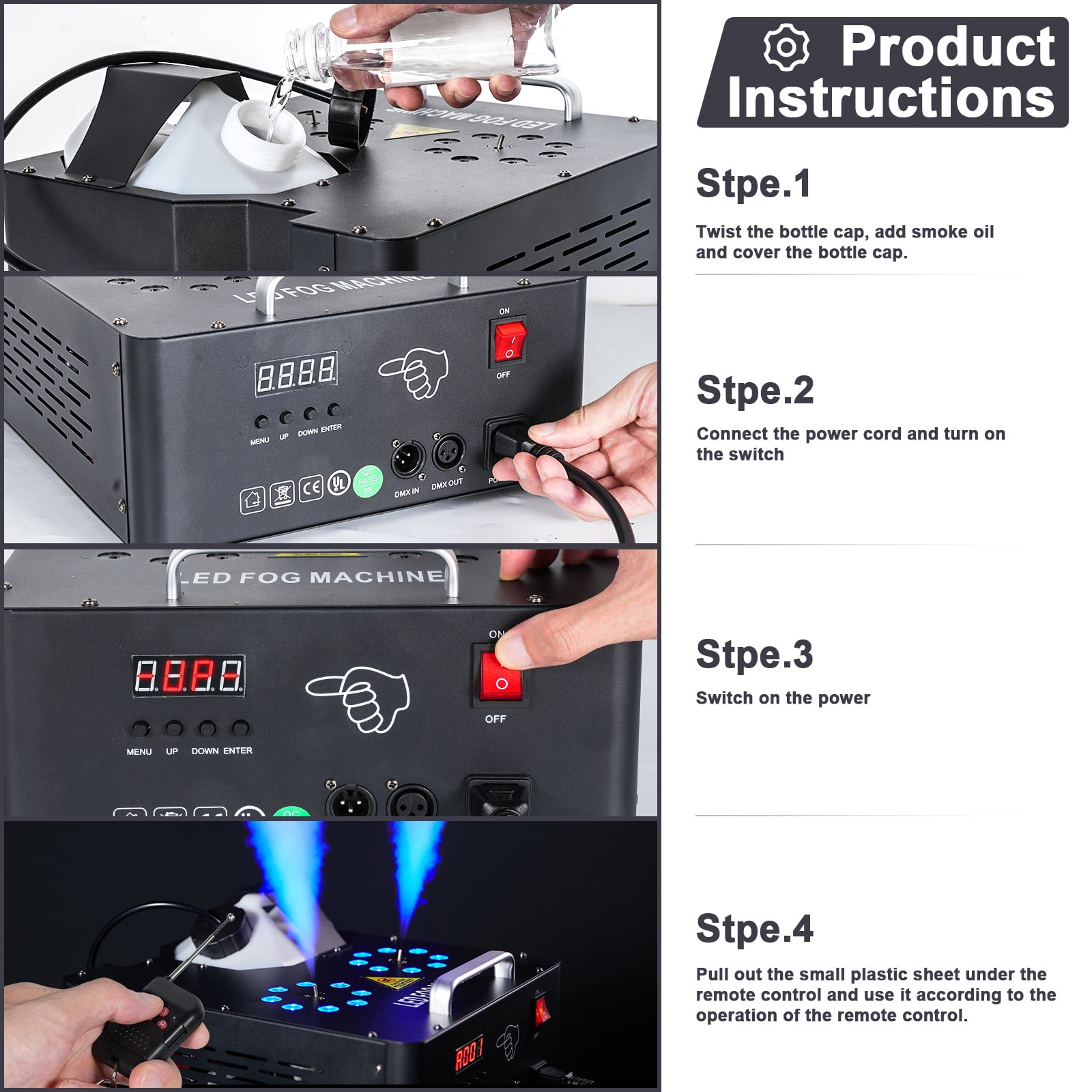 Smoke Machine Fog Machine 2000W Double-tube Adjustable  DMX512 RGB 3-in-1 Led Stage Smoke Machines for Party/ Wedding/ Stage