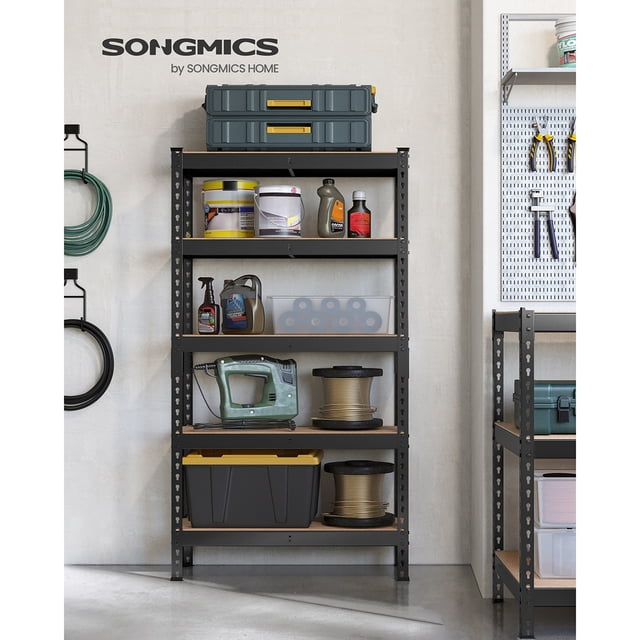 SONGMICS 5-Tier Storage Shelves, Load 1050 kg, Garage Storage, Boltless Assembly, Adjustable Shelving Unit, 30 x 75 x 150 cm, for Study Shed Basement, Black and Natural Beige