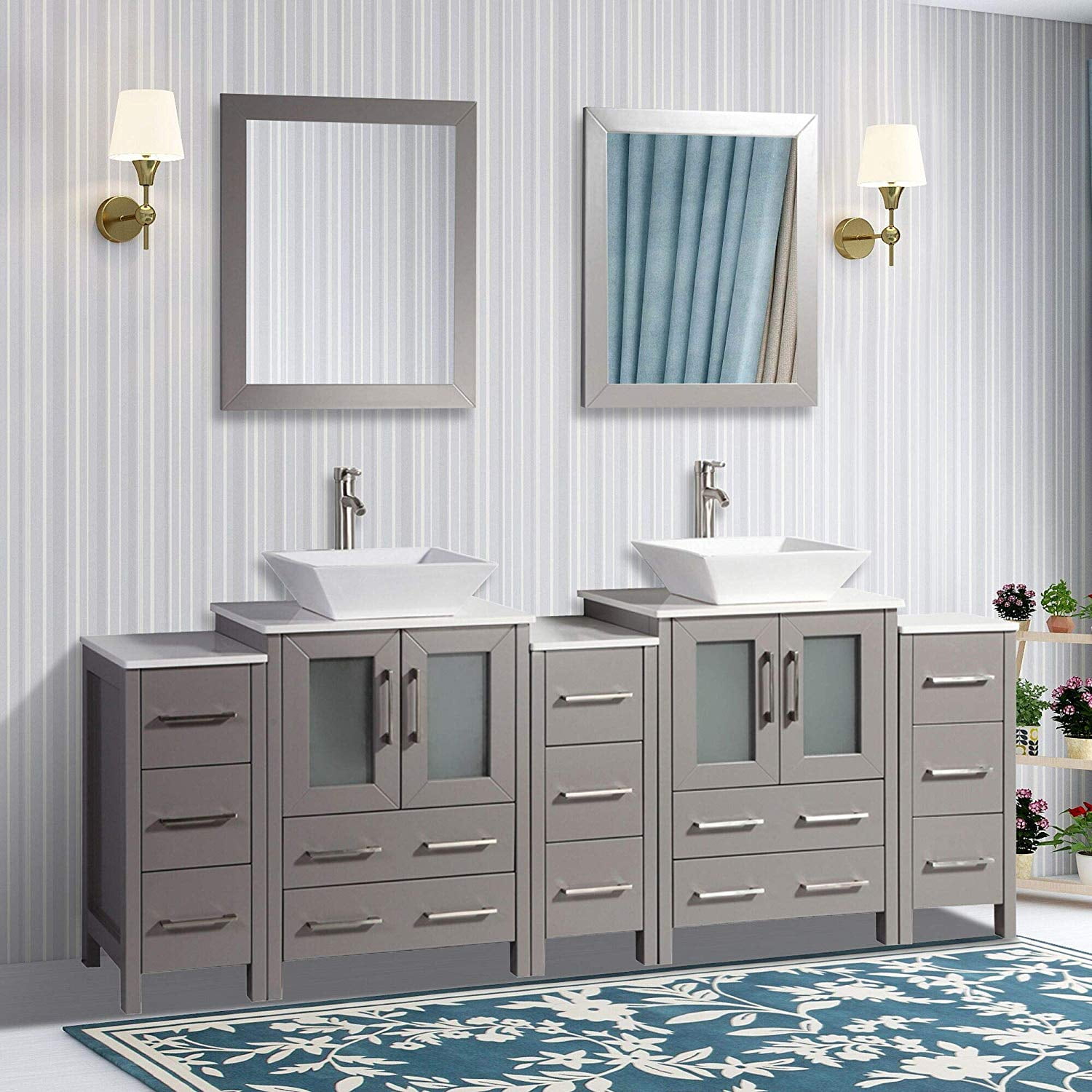 Vanity Art 84" Double Sink Bathroom Vanity Combo Set 13Drawers, 2Shelves, 5 Quartz Top