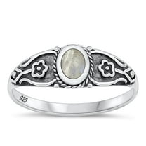CHOOSE YOUR COLOR Moonstone Oxidized Bali Flower Ring 925 Sterling Silver Band White CZ Female Size 10