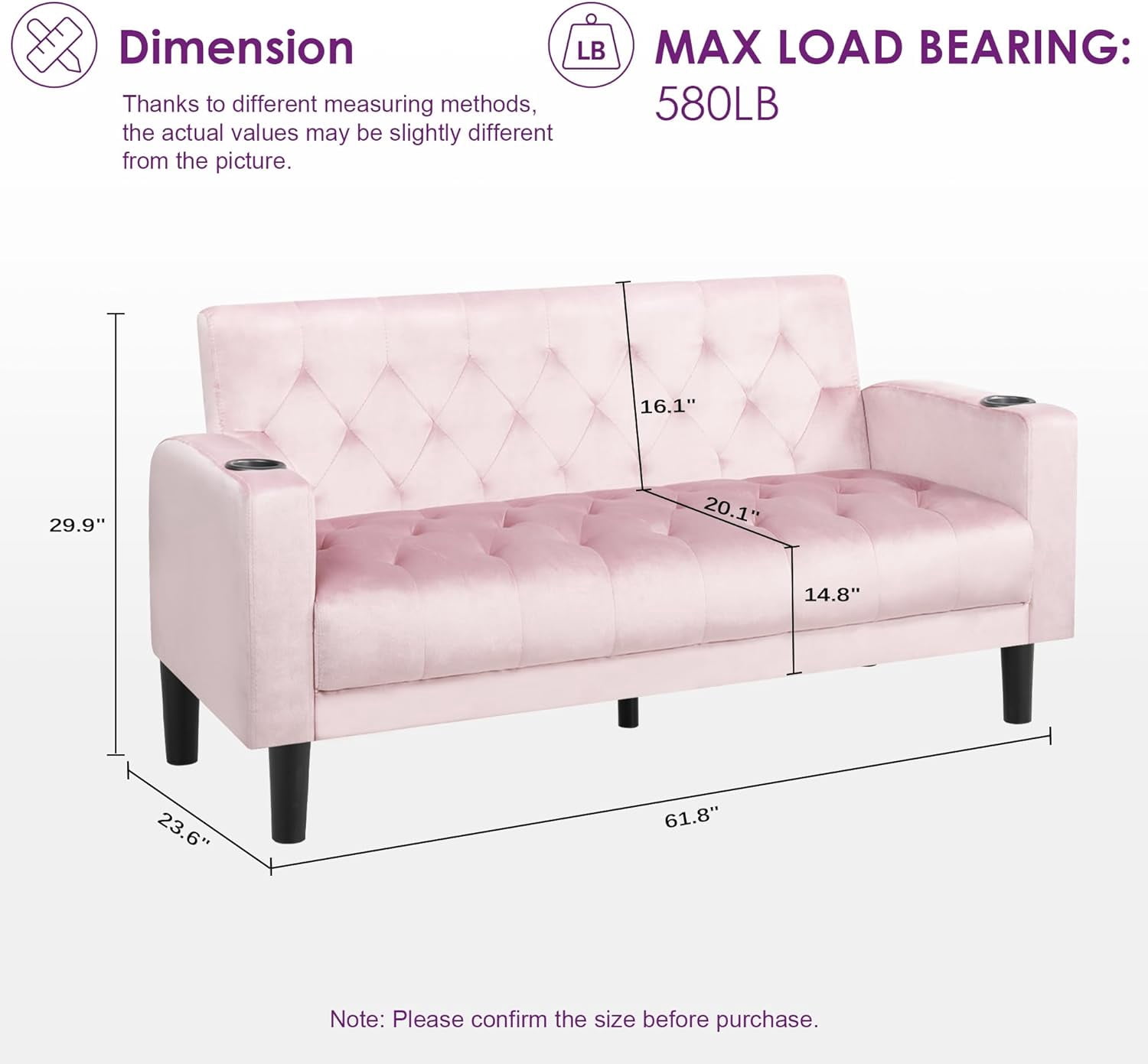 Coewske 62''W Tufted Linen Fabric Sofa Couch Loveseat w/ 2 USB Charger Ports & Cup Holders Pink