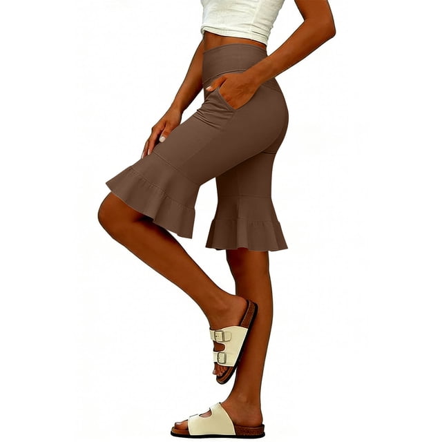 TaTaai Women's High Waist Flared Leggings Solid Color Capri Yoga Pants Stretch Casual Workout Pants 5-Panel Construction for Fitness and Everyday Gift