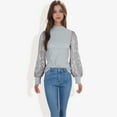 thumbnail image 5 of Women's Mock Neck Long Sleeve Top Sequin Detail Ribbed Knit Pullover- Large, Gray, 5 of 6