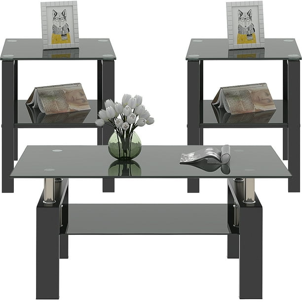 Black Glass Coffee Table Set of 3 Piece, Living Room Table Set of 3
