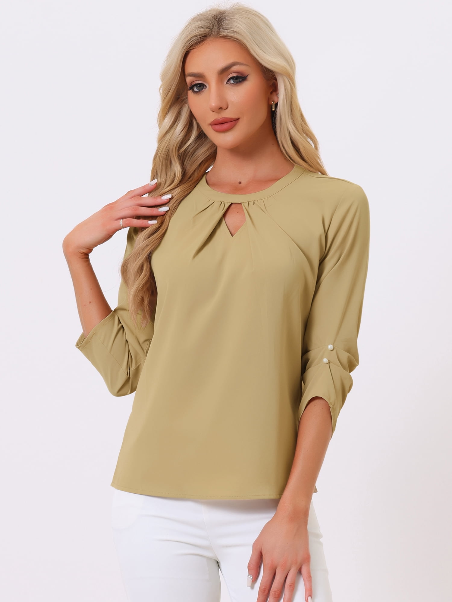 DARING DIVA Round Neck Keyhole Pleated Shirred Work Top L Khaki