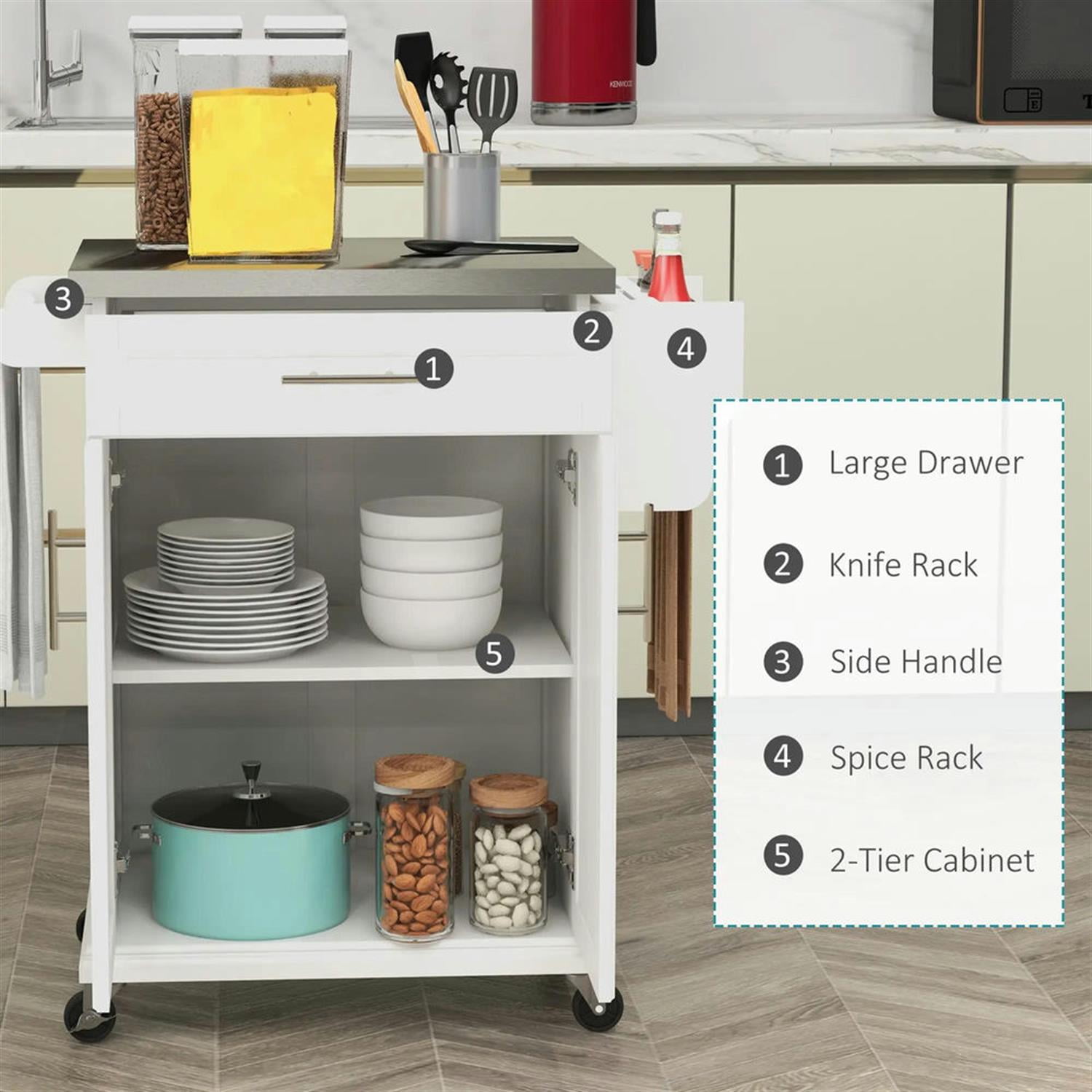 Demi Bonn 35" Kitchen Island Cart on Wheels with Stainless Steel Top, Rolling Dining Room Serving Utility Carts Mobile Movable with Towel Rack, White