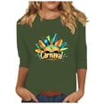 thumbnail image 2 of LEKWK Vacation Tops for Women Carnival Text Mardi Gras Shirts 3/4 Sleeve Graphic Tees Round Neck Colorful Feathers Festive Print Outfits, 2 of 5