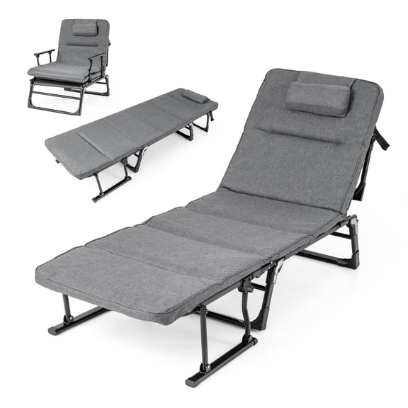 Gymax 3-in-1 Folding Camping Cot w/Mattress&6-Level Backrest Armrests Head Pillow Gray