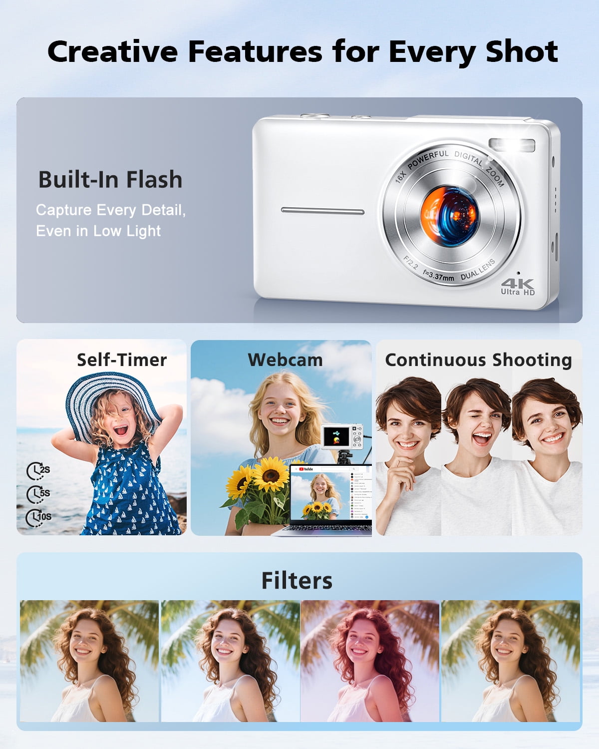 Zostuic 4K Digital Camera with 64MP Photo Resolution, Dual Lens, 2.8" Display,16X Zoom,Webcam Function,90-Min Video Recording,Perfect for Beginners & Travel,White