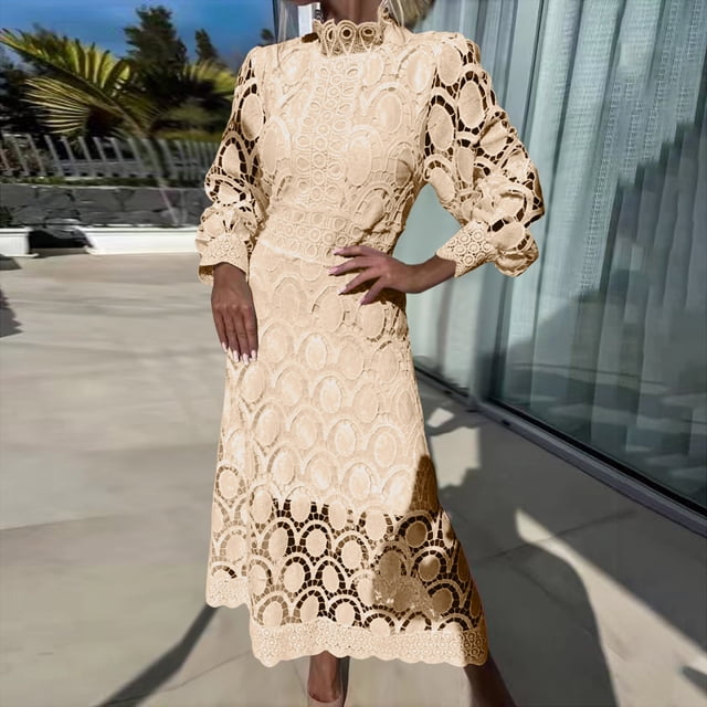 WILLBEST Robes Vertes pour Femmes Mode Dentelle Broderie Longue Robe Demi-Col Roulé Robe Ajourée Nouvelle Robe de Fête à Manches Longues Printemps