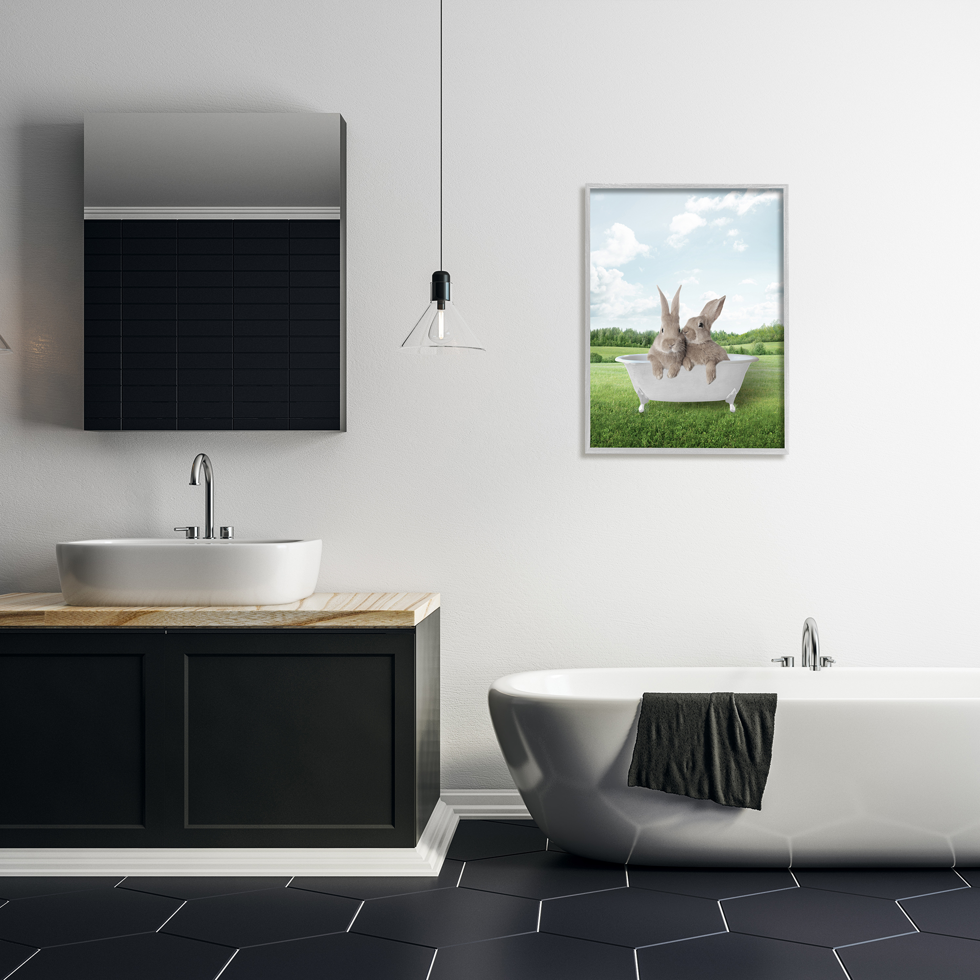 Stupell Industries Bunnies in Tub Landscape Nature Painting Gray Framed Art Print Wall Art, 24 x 30
