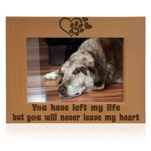 KATE POSH You Have Left My Life, but You Will Never Leave My Heart Natural Wood Engraved Picture Frame, Paw Prints on My Heart Memorial Gifts for Cat or Dog, Pet Sympathy Memory Gift (4x6 Horizontal)