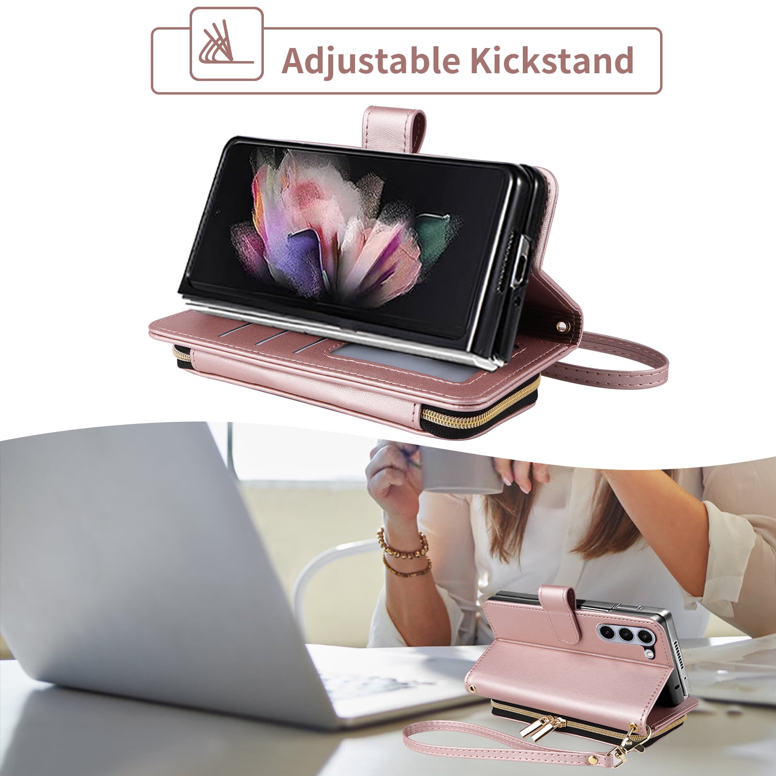 Furiet Argyle Wallet Case for Samsung Galaxy Z Fold 6 5G 2024 with Wrist/Shoulder Strap Card Slot Zipper Purse Luxury PU Leather Stand Cell Phone Cover for ZFold6 Z6 G Fold6 6Z Girls Rose Gold
