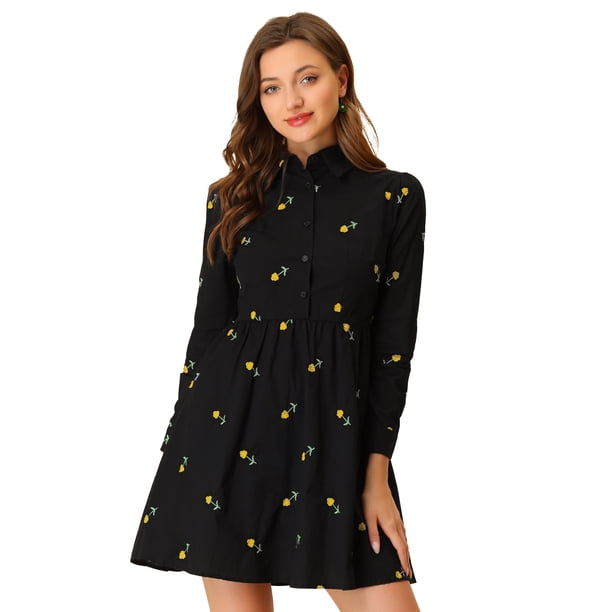 Vestido camisero de manga larga con botones y cuello vuelto floral bordado para mujer Negro XL