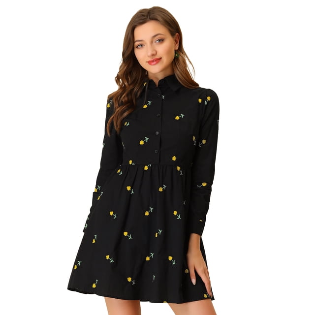 Vestido camisero de manga larga con botones y cuello vuelto floral bordado para mujer Negro S