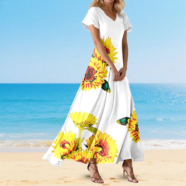 WILLBEST Vestidos Casuales Para Mujer 1 Vestido Holgado Con Cuello En V Y Estampado Floral Para Mujer, Estilo Informal De Verano, Elegante Vestido De Playa Para Fiesta Y Uso Diario