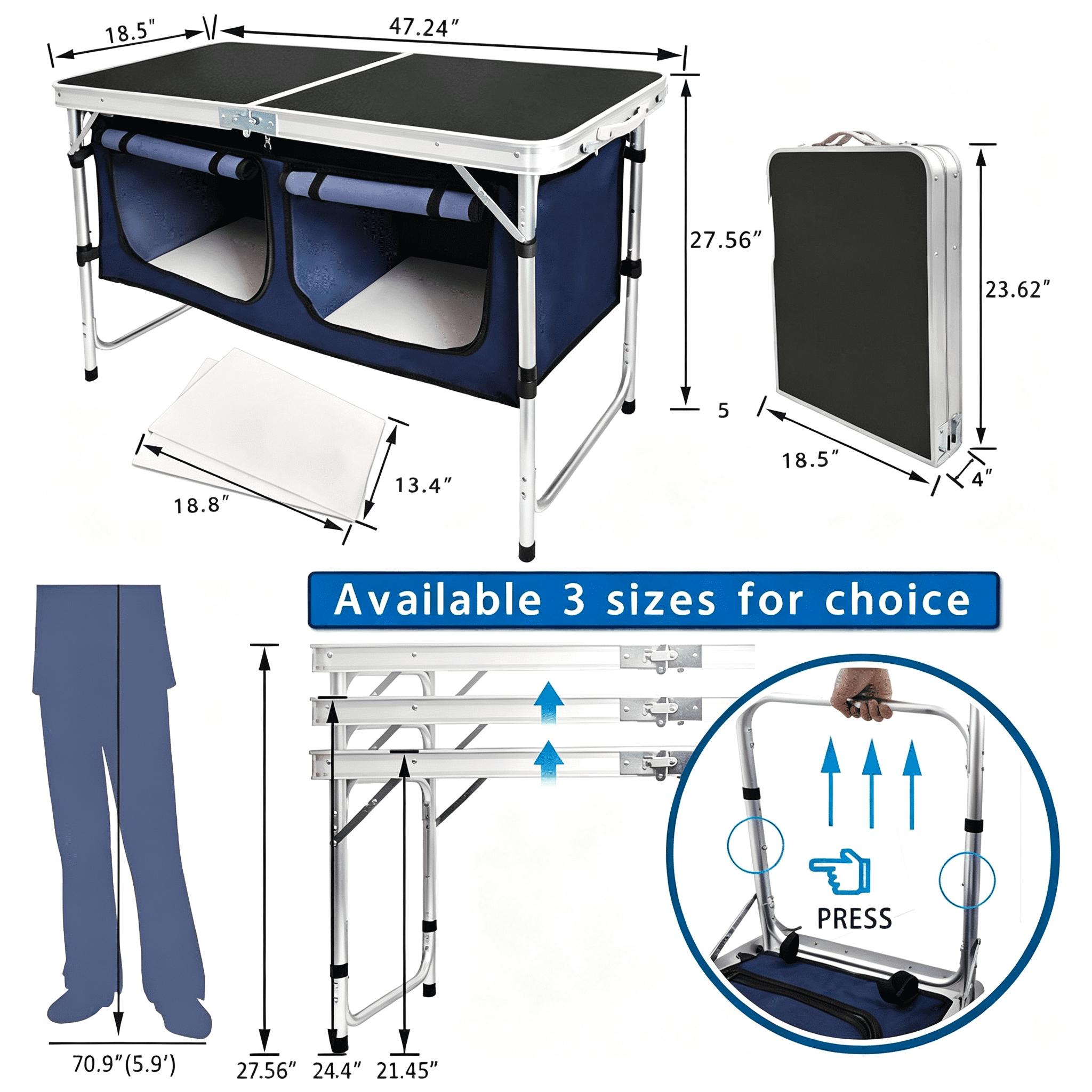 3 Height Adjustable Folding Camping Table with 2 Detachable Storage Bags, Aluminum Frame Density Board Portable Outdoor Picnic Table, 66LBS Capacity for Car Camping BBQ Indoor Party