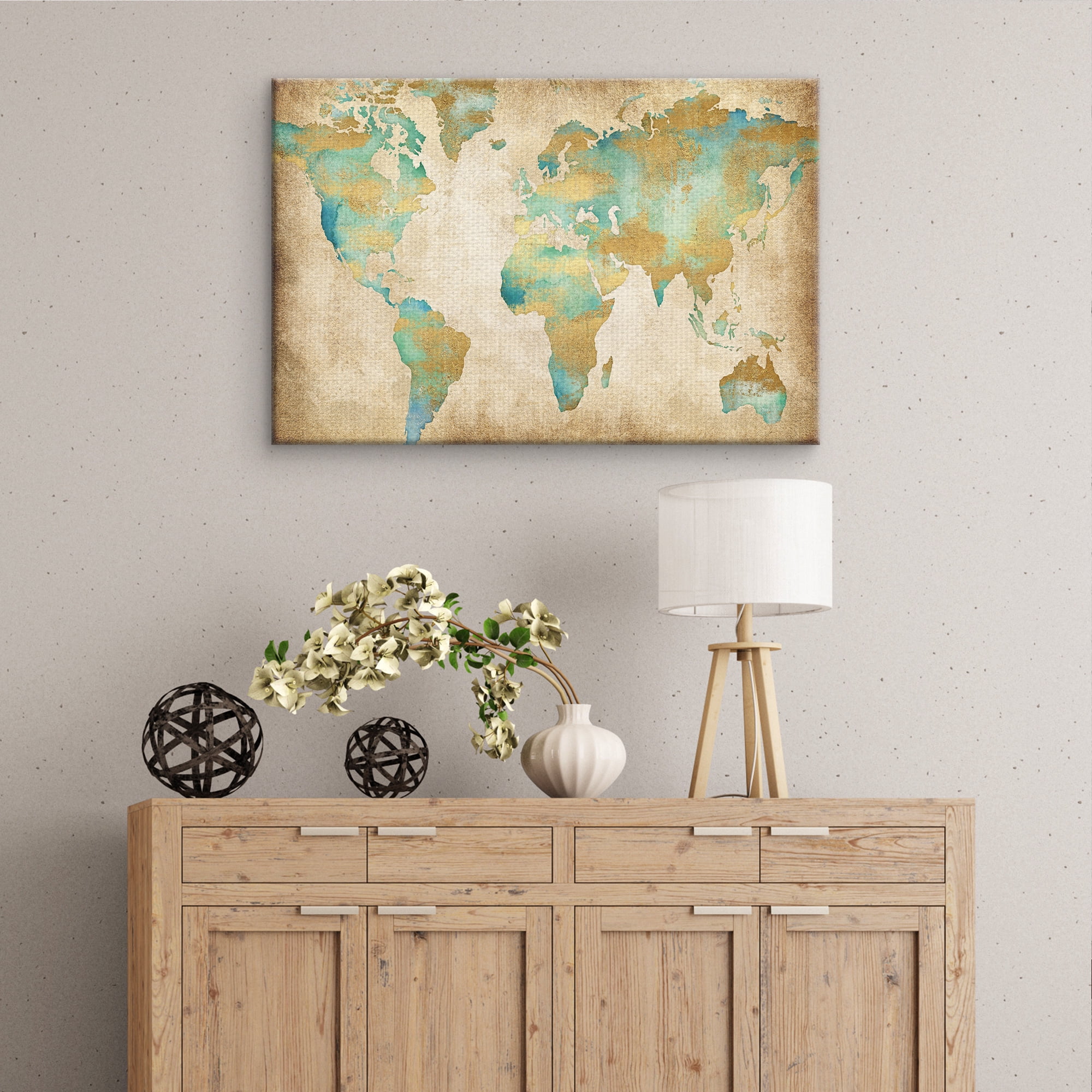 Masterpiece Art Gallery Golden World Map By Willowbrook Fine Art Canvas Art Print 24" x 36"