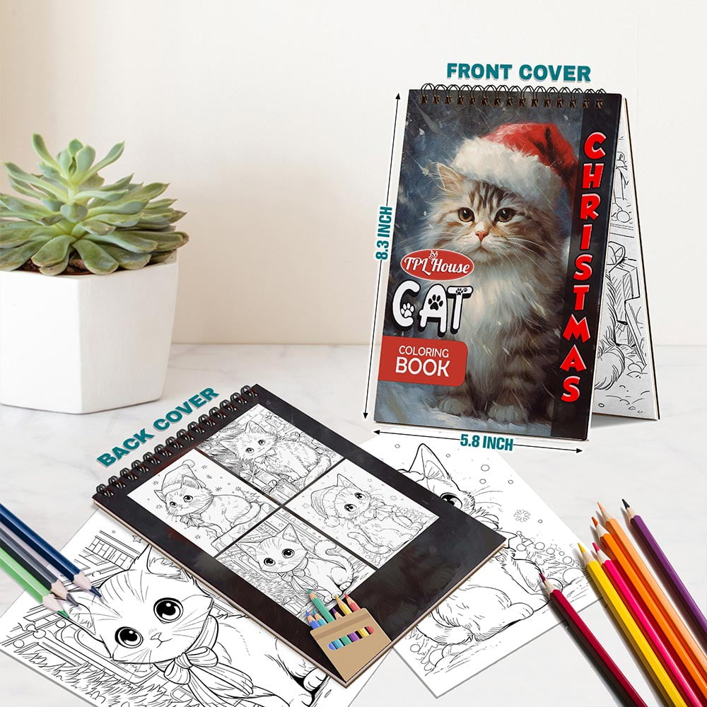 Netecom Christmas Cat Coloring Book Spiral Bound for Adults, A5 Wooden Cover, 30 Festive Coloring Pages of Adorable Cats Celebrating the Holiday Season for Stress Relief