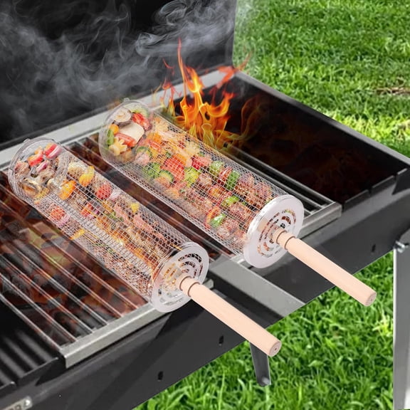 2pcs Rolling Grill Baskets, Grill Veggie Basket, BBQ Baskets for Grilling, Round Stainless Steel Grill Baskets for Outdoor Grill, Camping basket for Vegetables, Birthday Gifts for Men