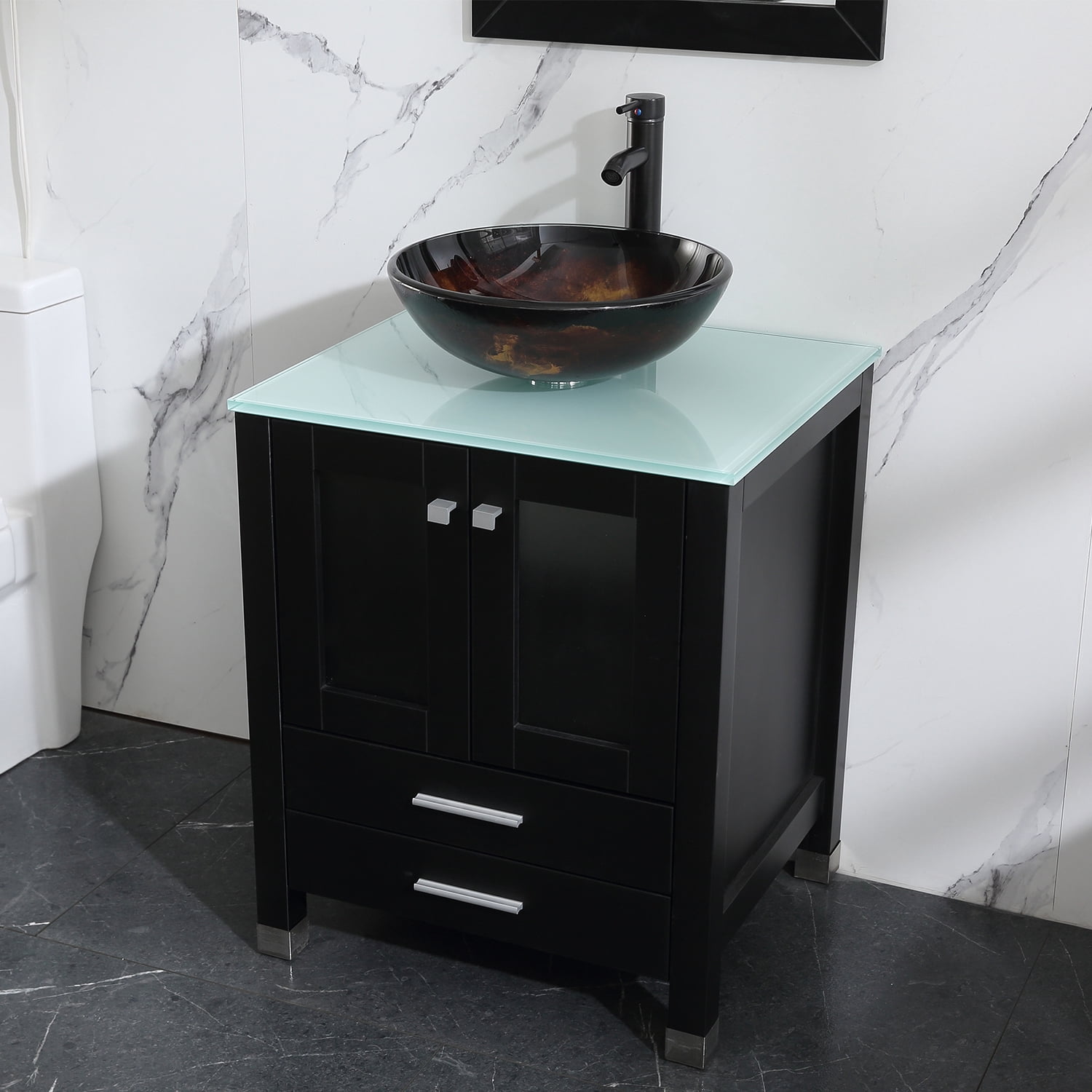 Wonline 24" Single Bathroom Vanity Cabinet Solid Wood w/ Mirrors Glass Vessel Sink