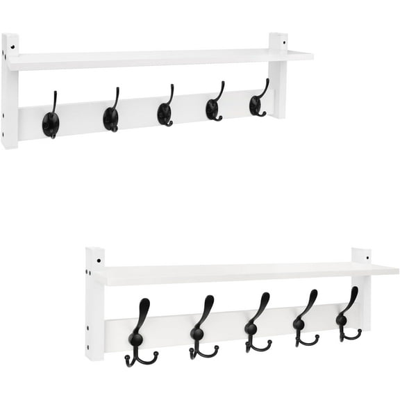 Coat Rack Wall Mount, 24 Inch Long Shelf with Hooks, Wood Entryway Shelf with 5 Hangers for Hanging Hat Jacket Backpack Purse