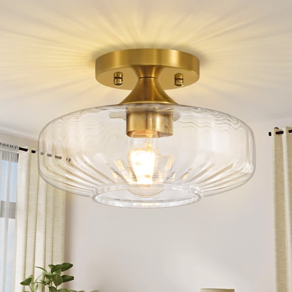Deyidn Modern Gold Ceiling Light Fixture with Clear Glass Shade, 9.84 inch Wide Semi-Flush Mount for Kitchen, Hallway, Bedroom