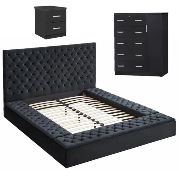 Home Square 3-Piece Set with Queen Bed Tall Chest Wardrobe Nightstand in Black