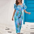 thumbnail image 4 of Usmixi Jumpsuits for Women Dressy Beach Vacation Elastic Waist off Shoulder Jumpsuits Overalls with Tie Summer Square Neck Short Sleeve Leaves Print Long Formal Rompers Blue xxl, 4 of 6