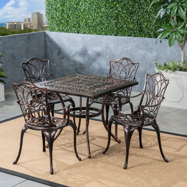 Clayton Outdoor 5 Piece Cast Aluminum Square-Table Dining Set, Shiny Copper