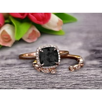 10k Rose Gold Anniversary Gift Art Deco 2.05 Carat Cushion Cut Black Diamond Moissanite Wedding Engagement Ring With Matching Band Bridal Set