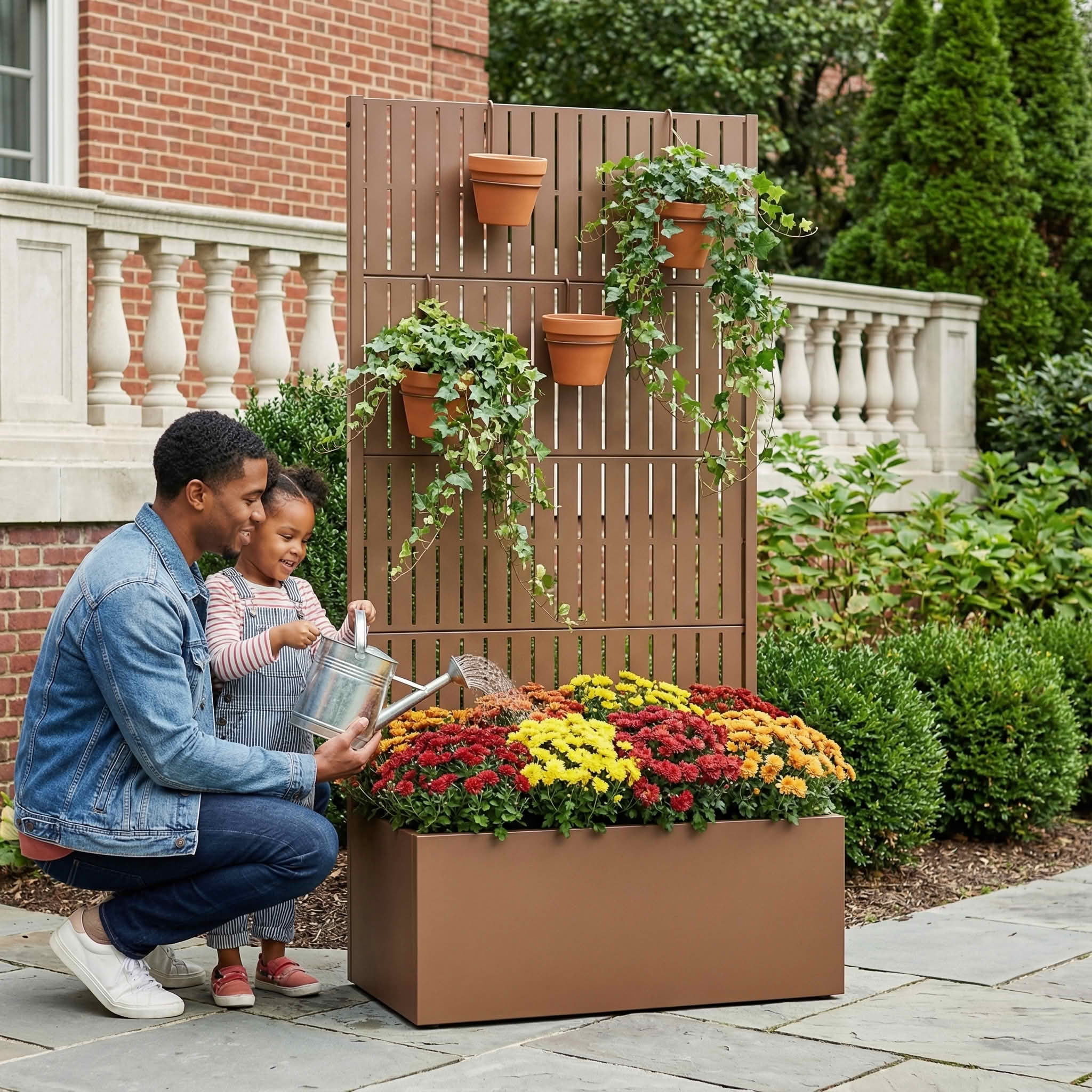 MAYEERTY 59X30" Metal Outdoor Brown Privacy Screen with Planter Box for Backyard & Garden, 4 Piece Set